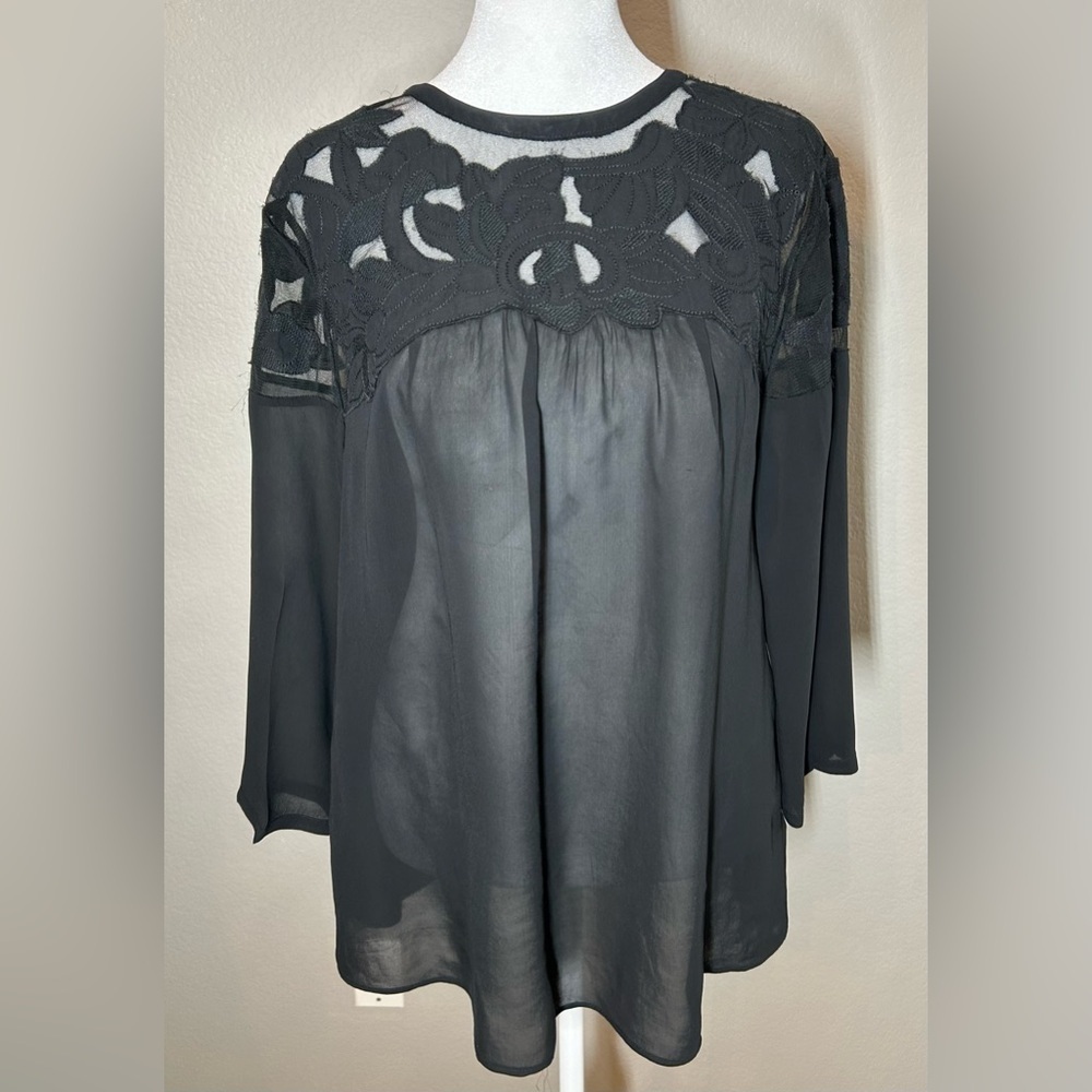 Anthropologie Vanessa Virginia SheerBlack Lace Blouse Long Sleeve Size 8 - Picture 4 of 10